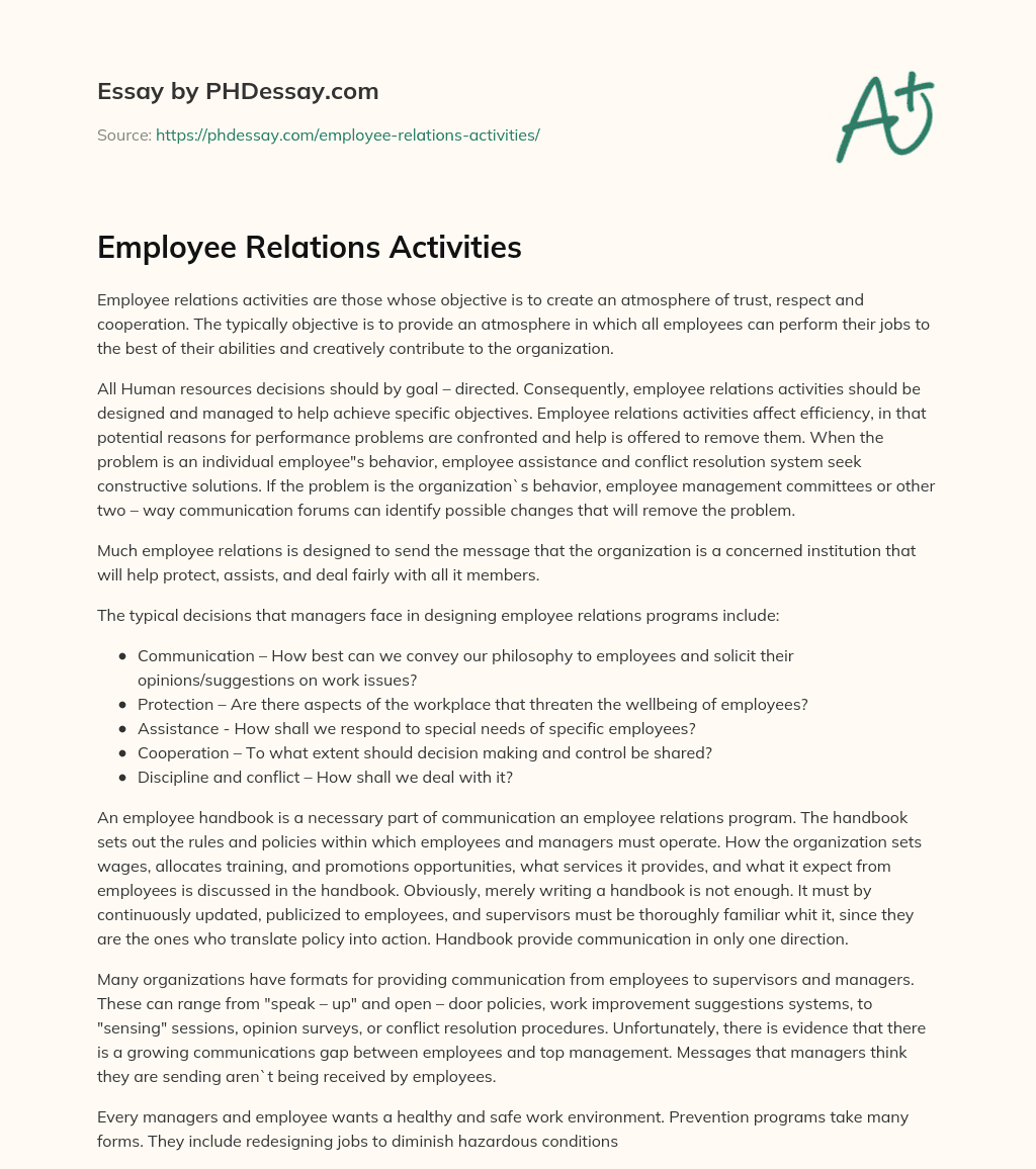 Employee Relations Activities (600 Words)