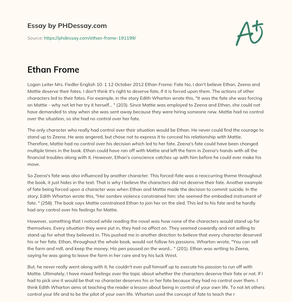 Ethan Frome (600 Words)