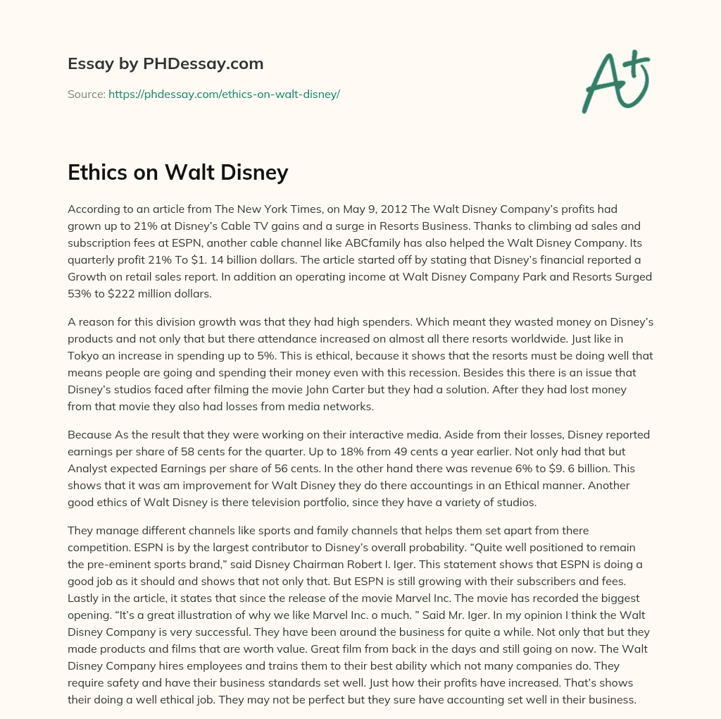Ethics on Walt Disney (600 Words)