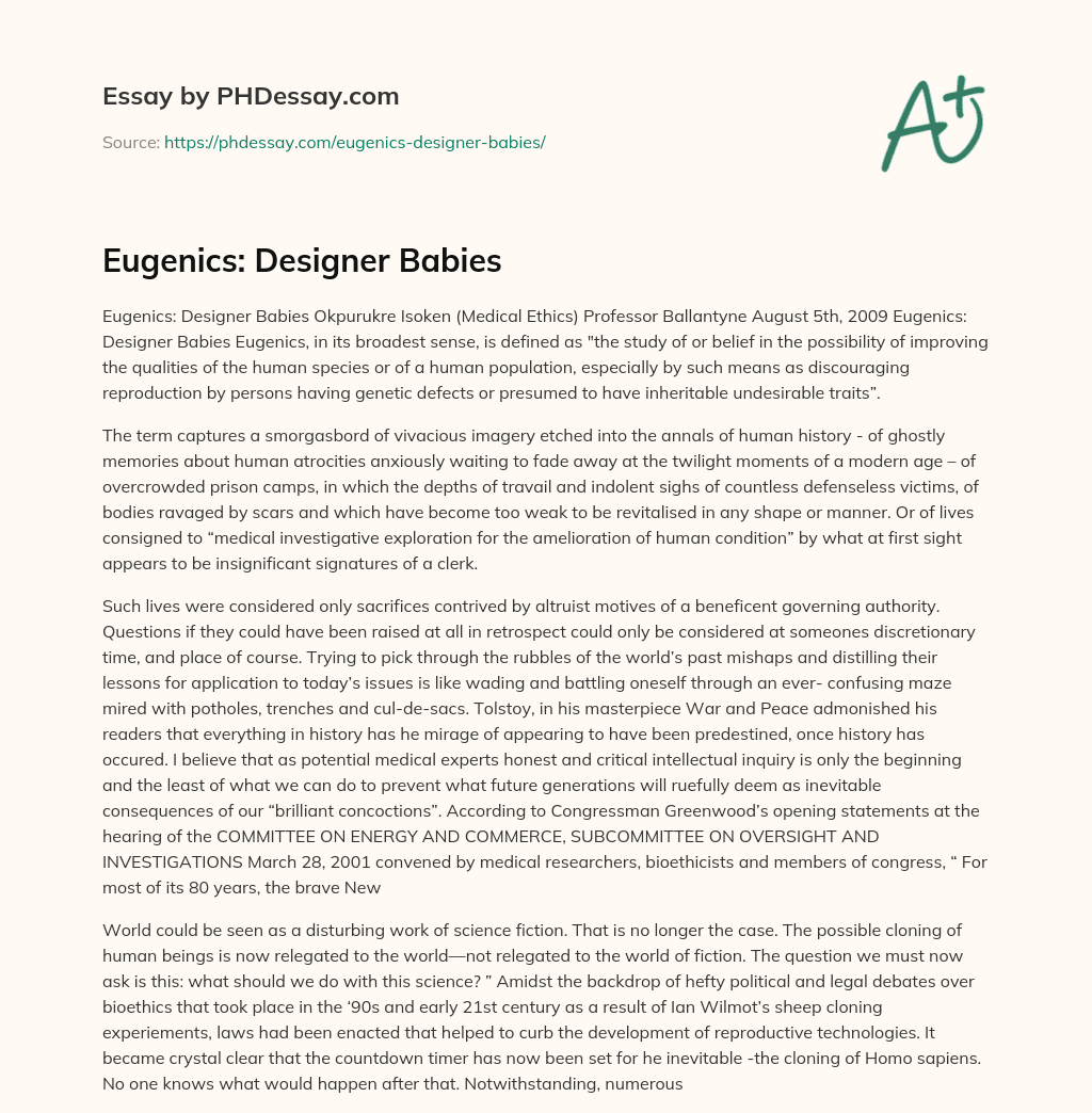 Eugenics Designer Babies Argumentative Essay Example