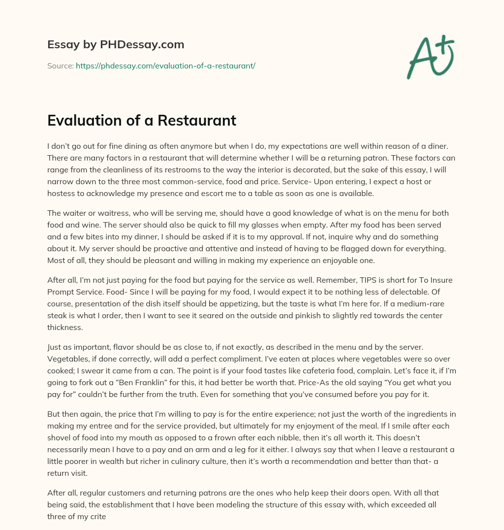 Evaluation of a Restaurant (600 Words)