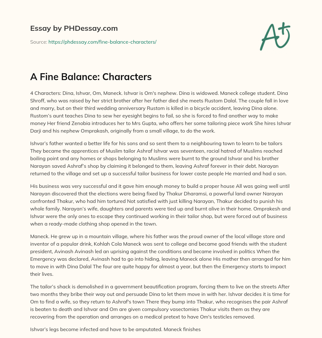 A Fine Balance Characters Character Analysis And Summary Example