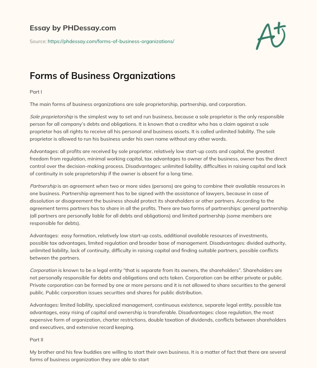 Forms of Business Organizations