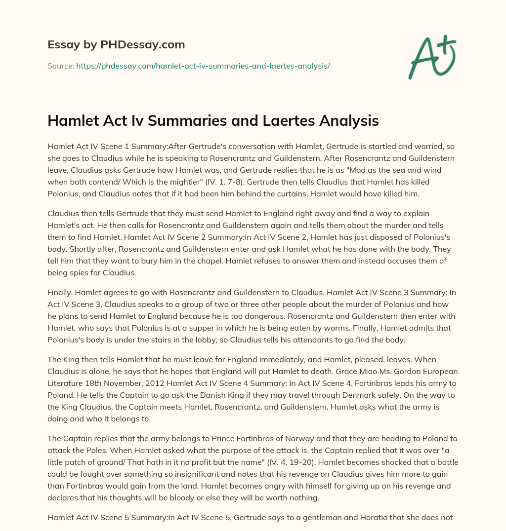 Hamlet Act Iv Summaries and Laertes Analysis