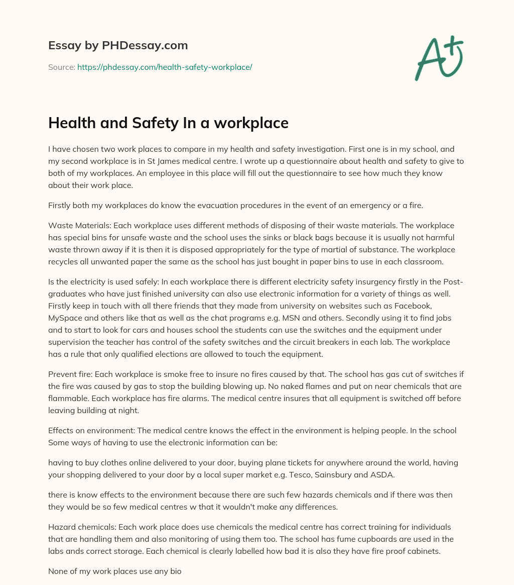 Health and Safety In a workplace (500 Words)
