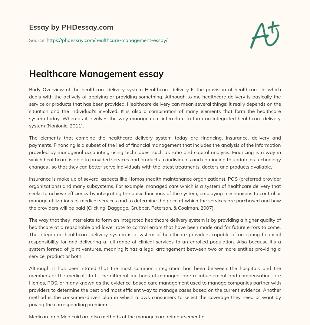 Healthcare Management essay