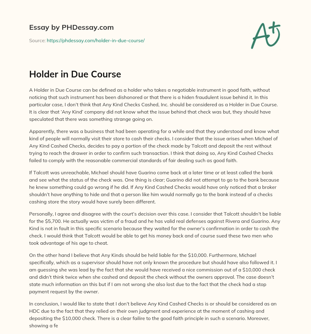 Holder in Due Course (600 Words)