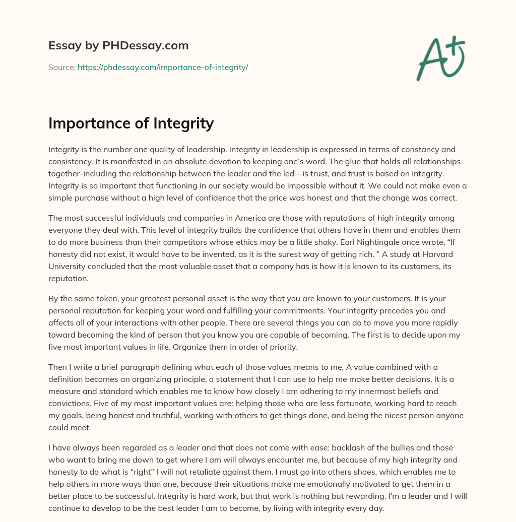 Importance Of Integrity Essay Example (500 Words)