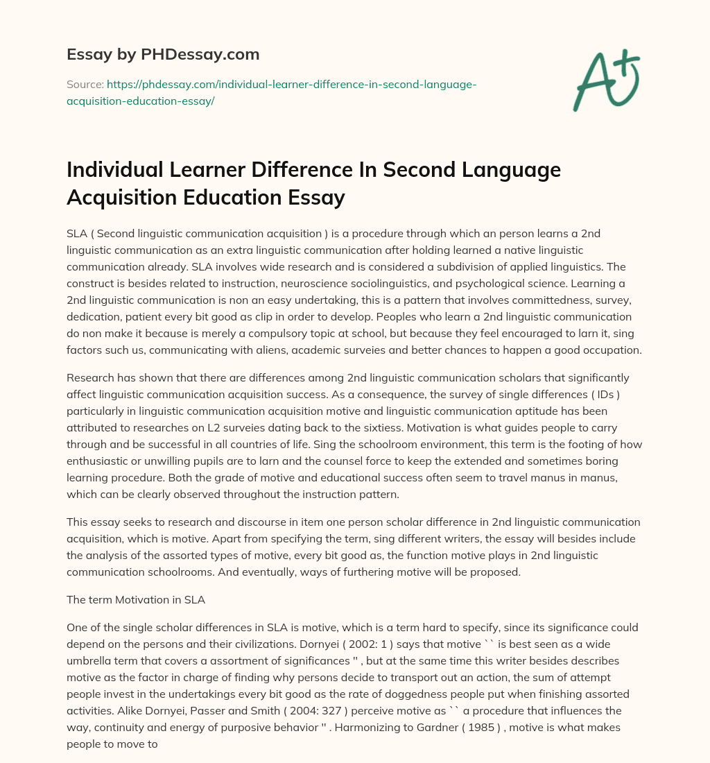 Individual Learner Difference In Second Language Acquisition Education