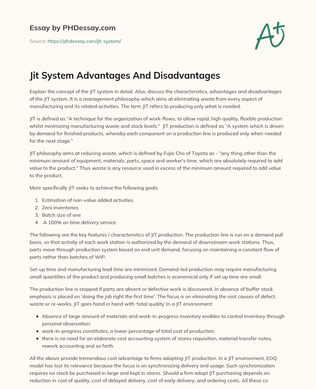 Jit System Advantages And Disadvantages