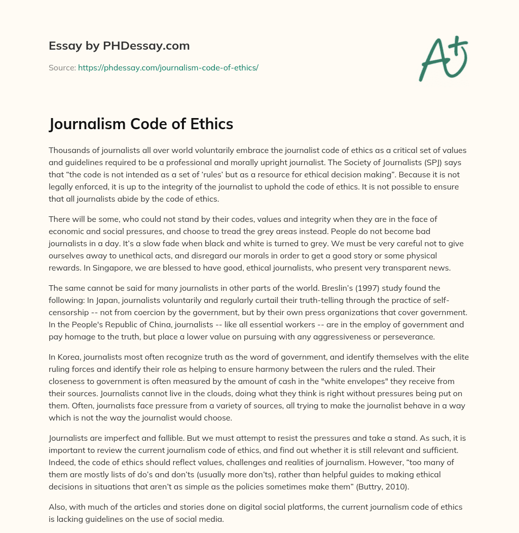 Journalism Code Of Ethics Essay Example