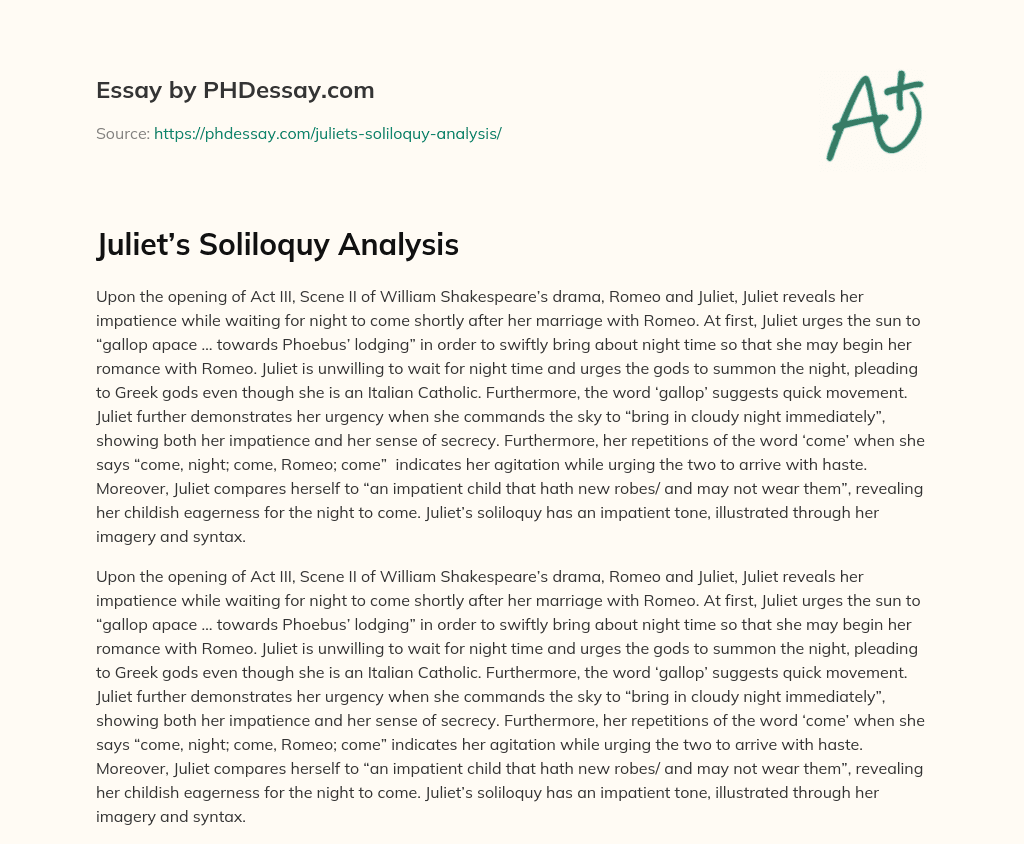 Juliet’S Soliloquy Analysis Speech Example (400 Words)