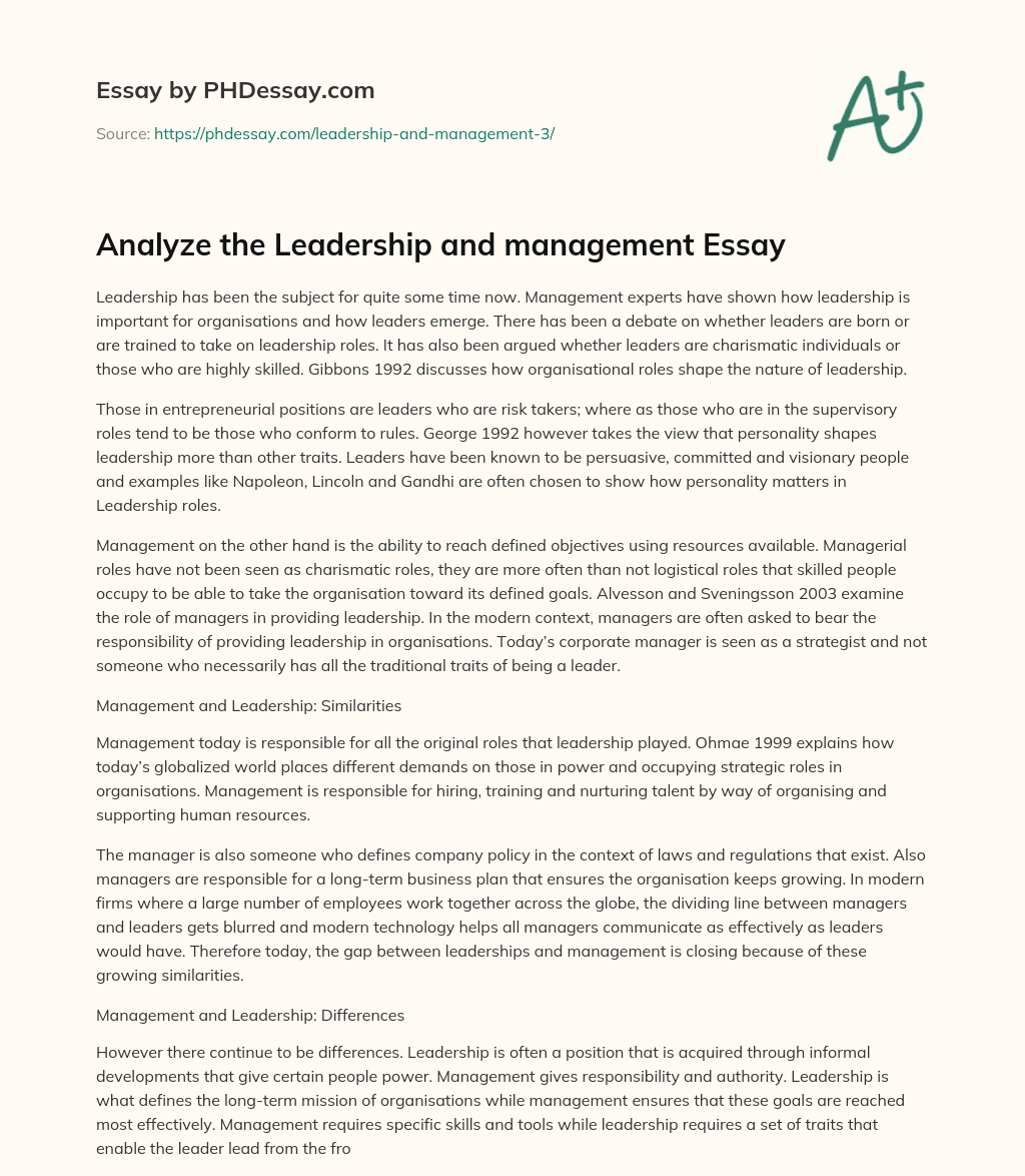 Analyze the Leadership and management Essay