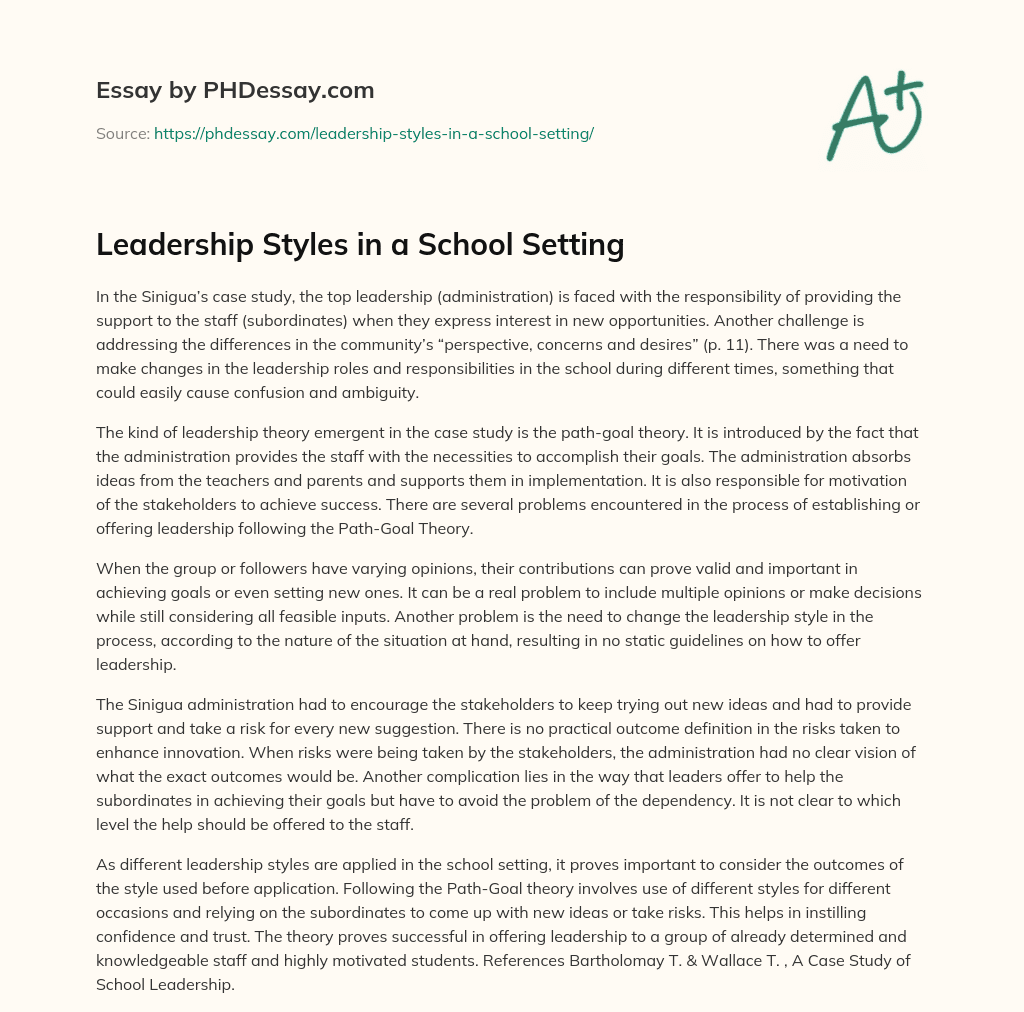 Leadership Styles in a School Setting (400 Words)