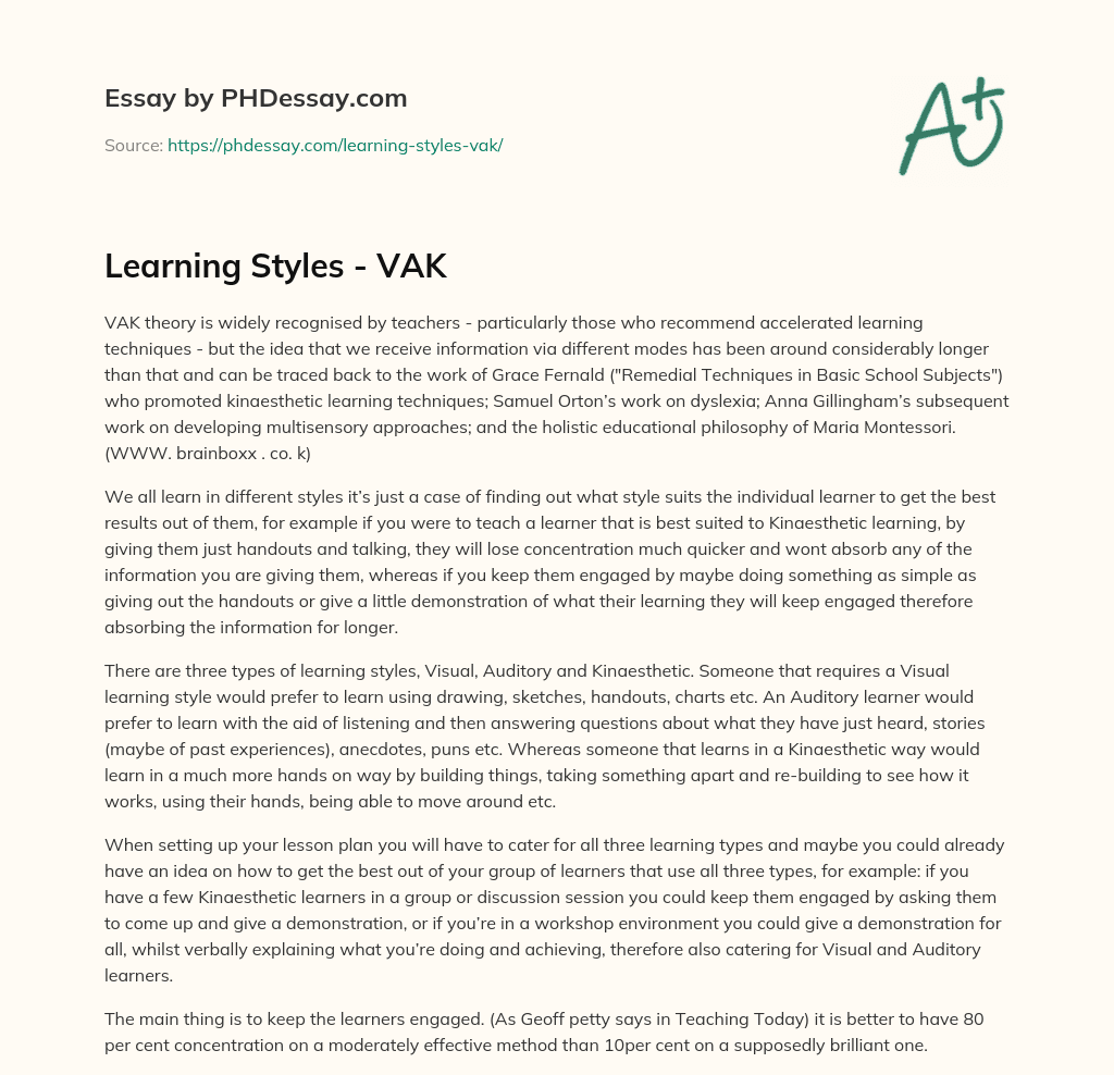 Learning Styles VAK (400 Words)