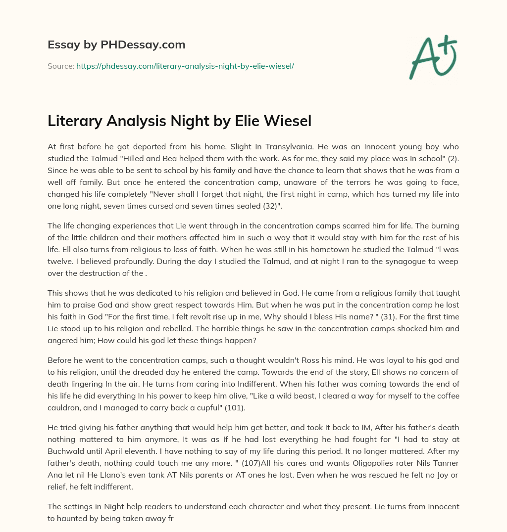 Literary Analysis Night by Elie Wiesel (600 Words)
