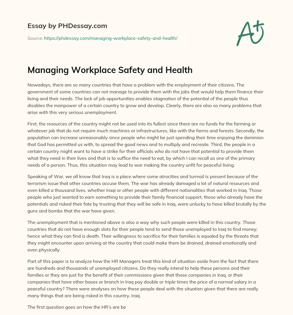 Managing Workplace Safety and Health