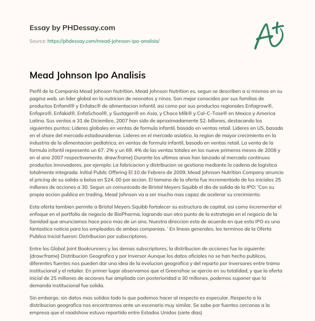 Mead Johnson Ipo Analisis (500 Words)