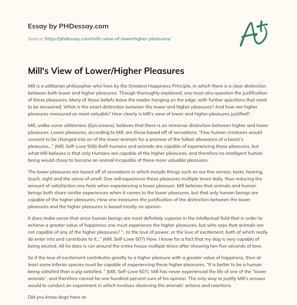 Mill's View of Lower/Higher Pleasures