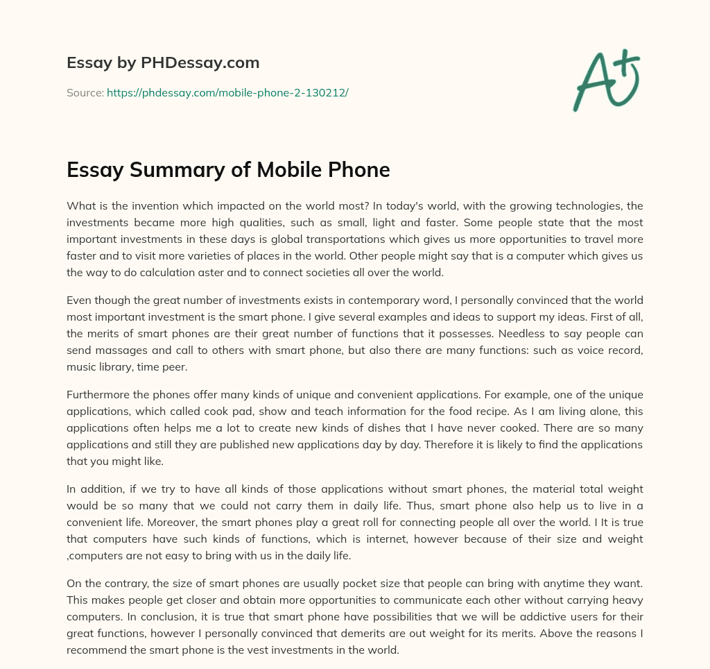 Essay Summary of Mobile Phone (400 Words)