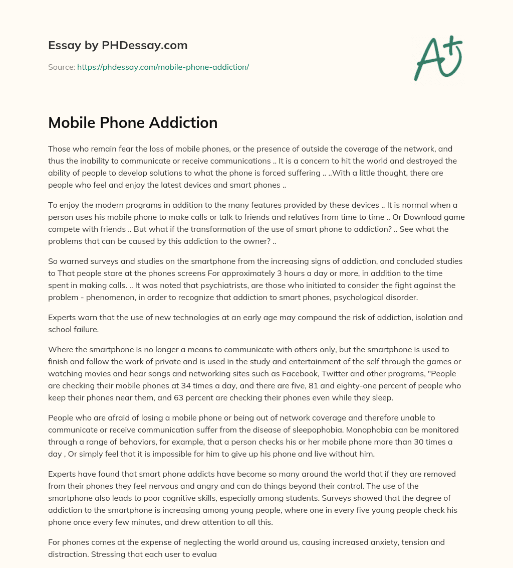 Mobile Phone Addiction Essay Example