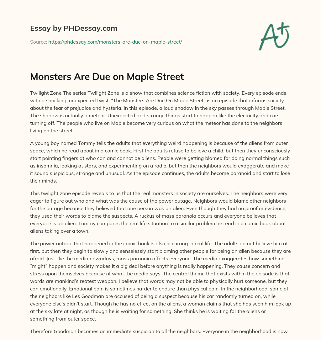 Monsters Are Due On Maple Street Analysis Essay Example