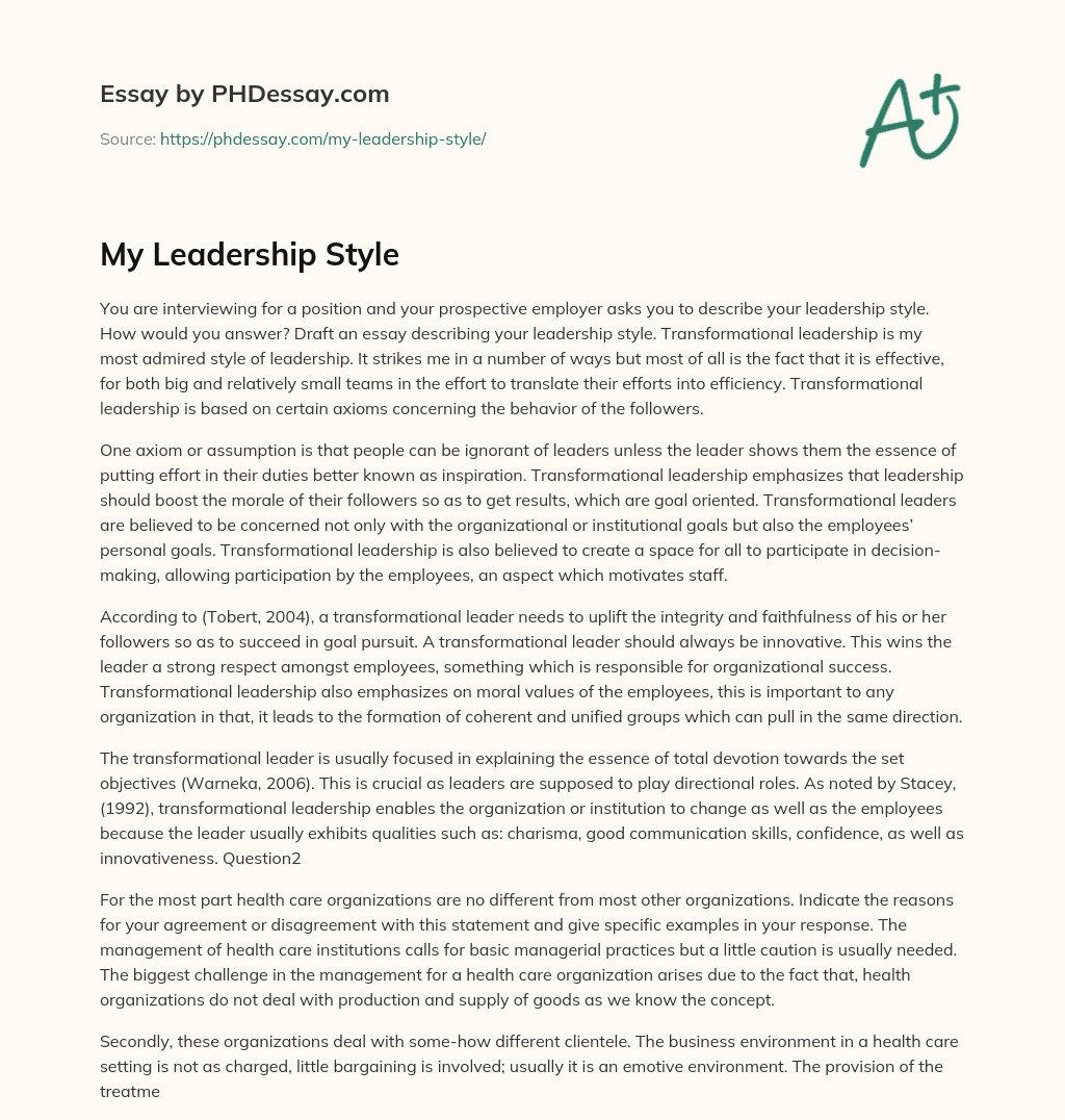 My Leadership Style Essay Example
