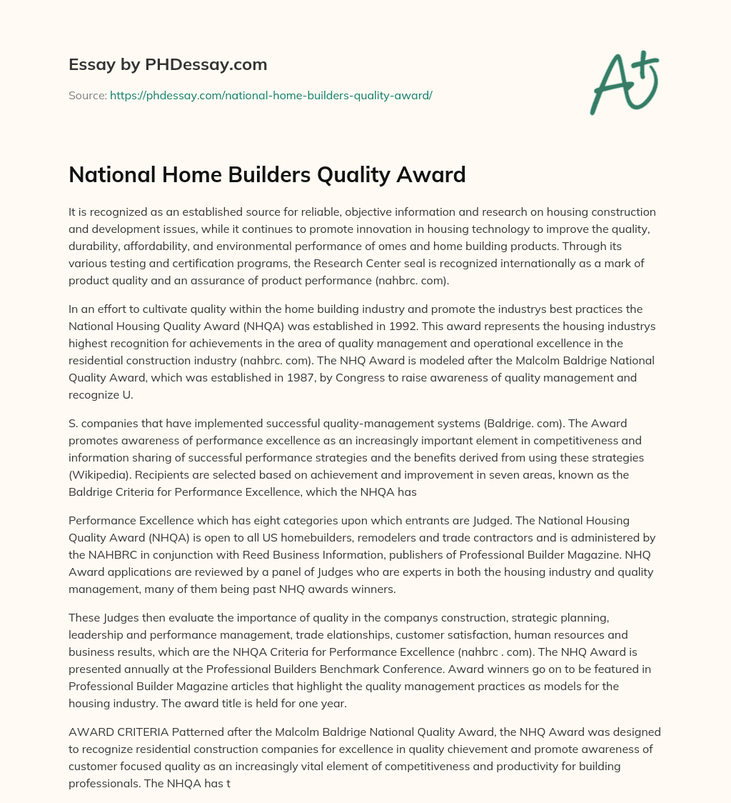 National Home Builders Quality Award Essay Example