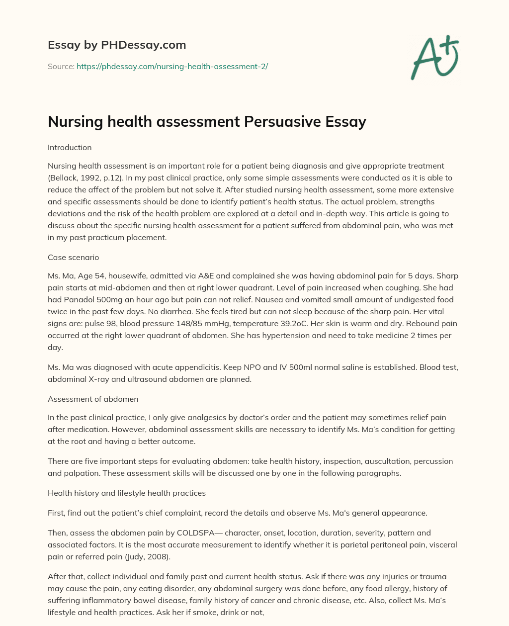 Nursing Health Assessment Persuasive Essay Sample