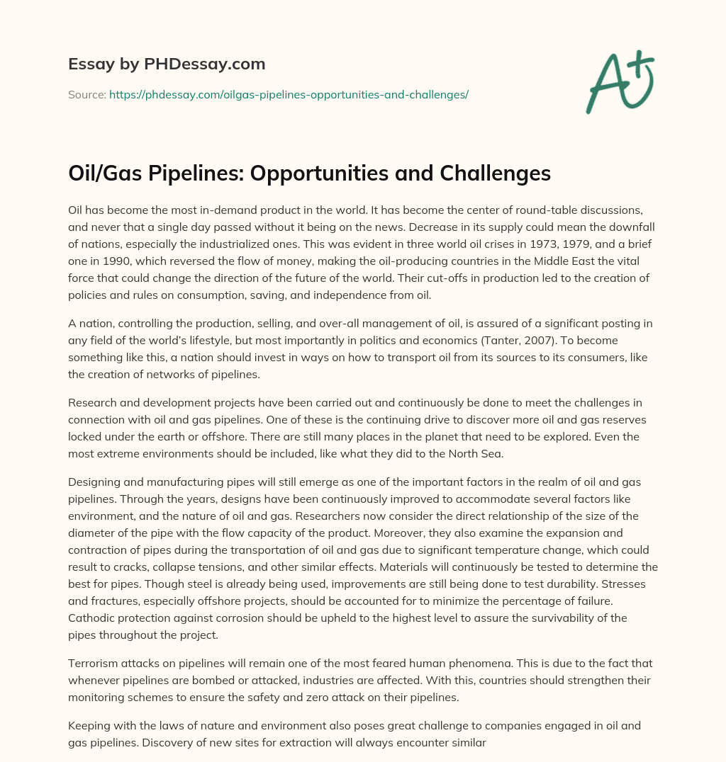 Oil/Gas Pipelines Opportunities and Challenges