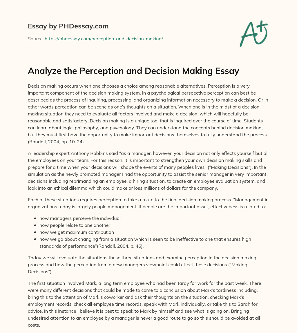 Analyze the Perception and Decision Making Essay