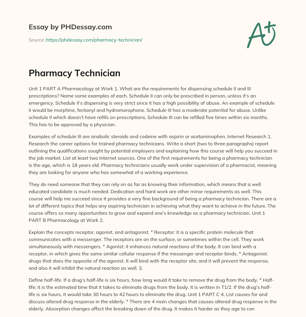 Pharmacy Technician Essay Example