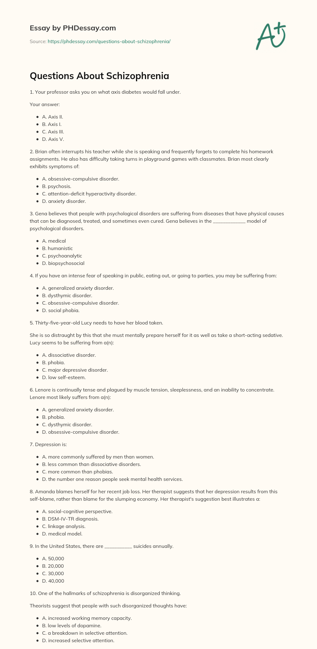 Questions About Schizophrenia Assignment Example
