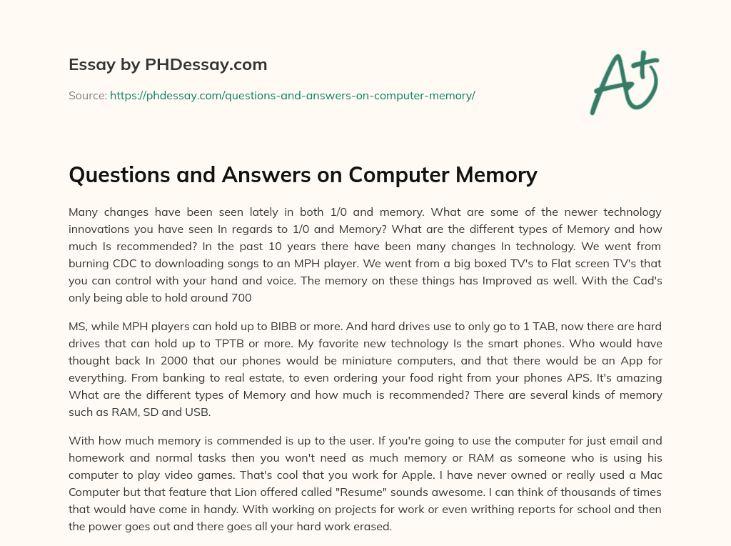 Questions and Answers on Computer Memory (300 Words)