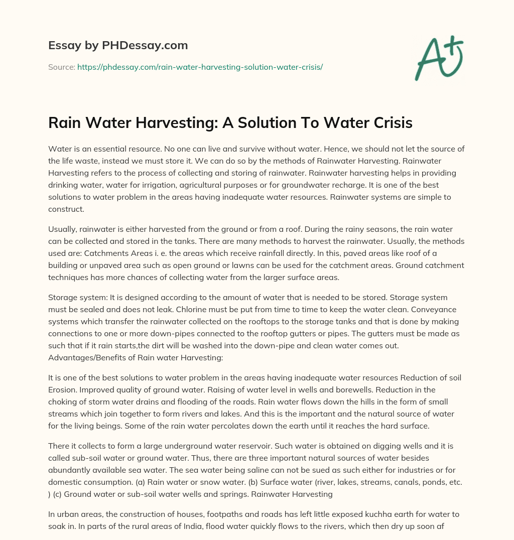 Rain Water Harvesting A Solution To Water Crisis Essay Example