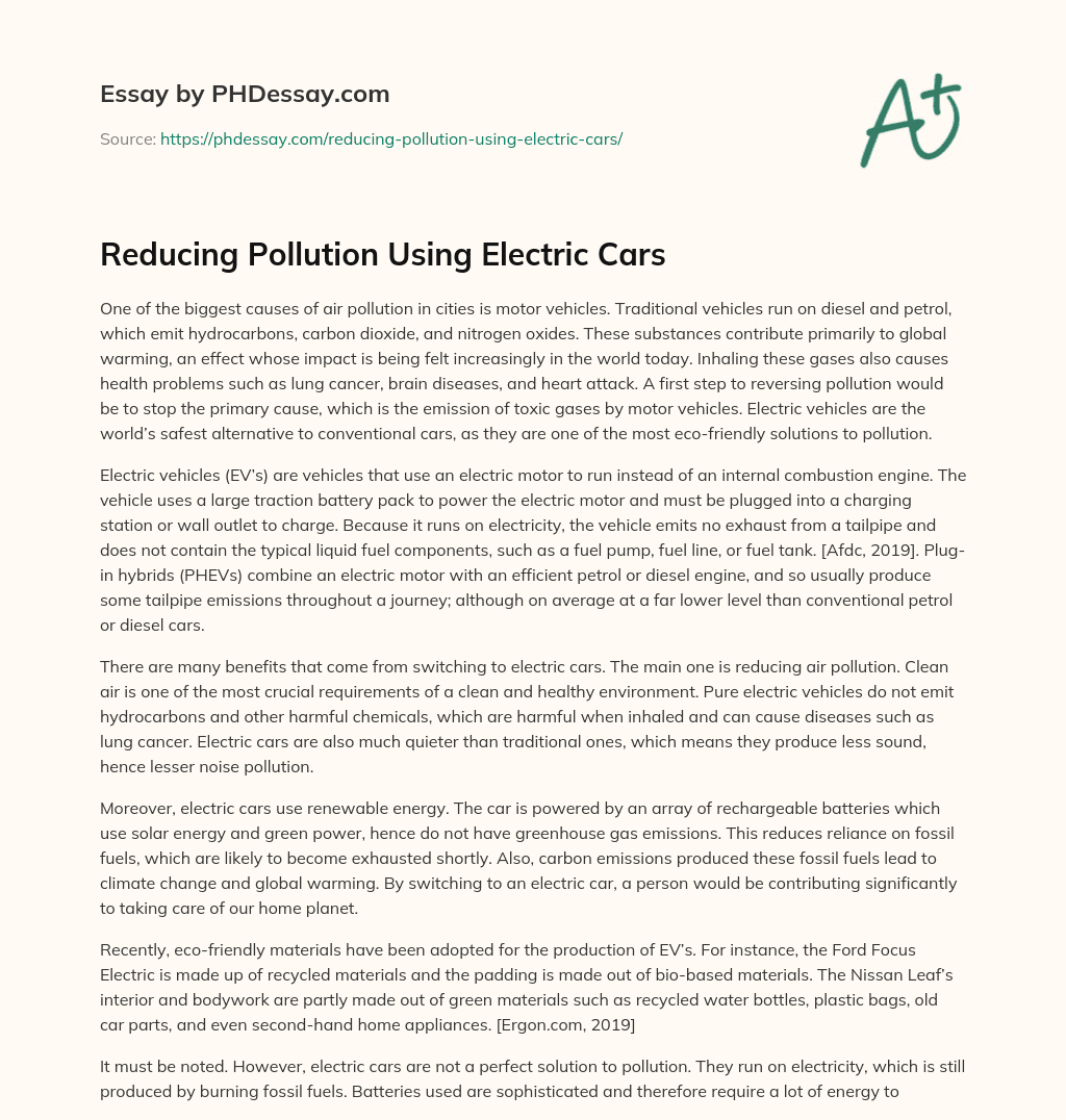 Reducing Pollution Using Electric Cars Essay Example