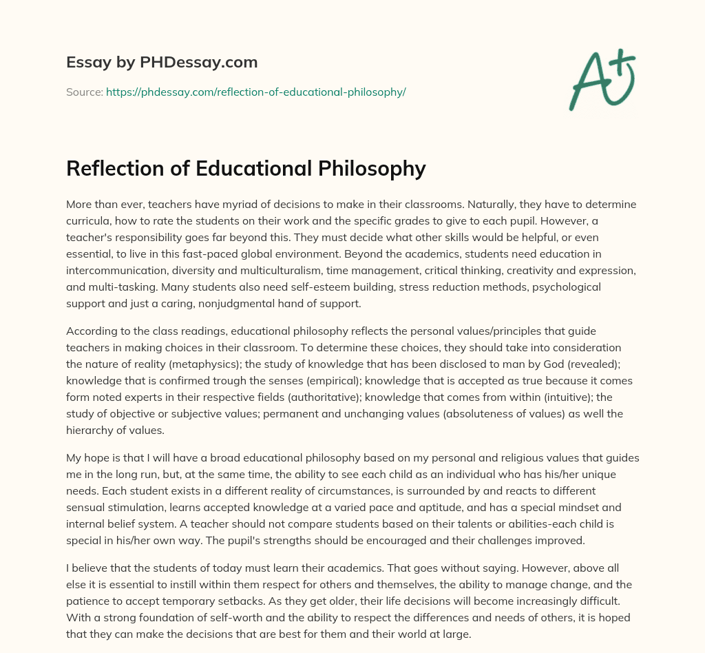 Reflection of Educational Philosophy (400 Words)