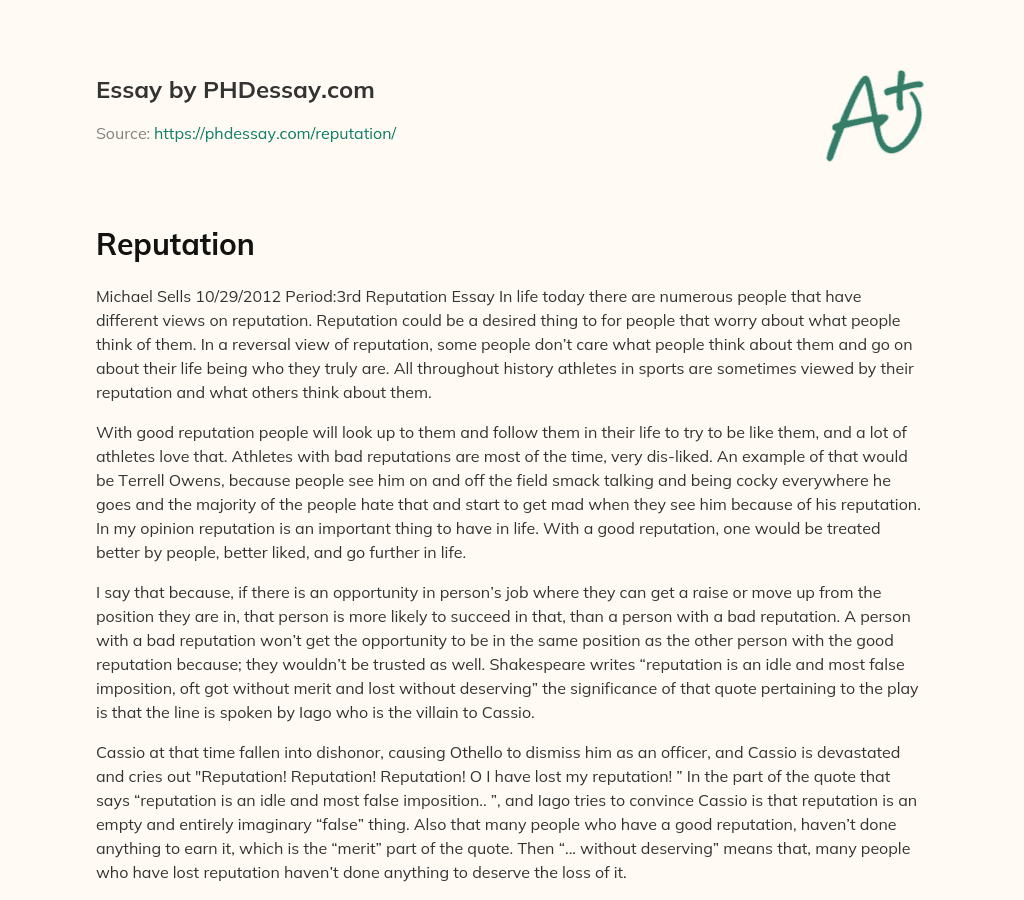 Reputation Essay Example (400 Words)