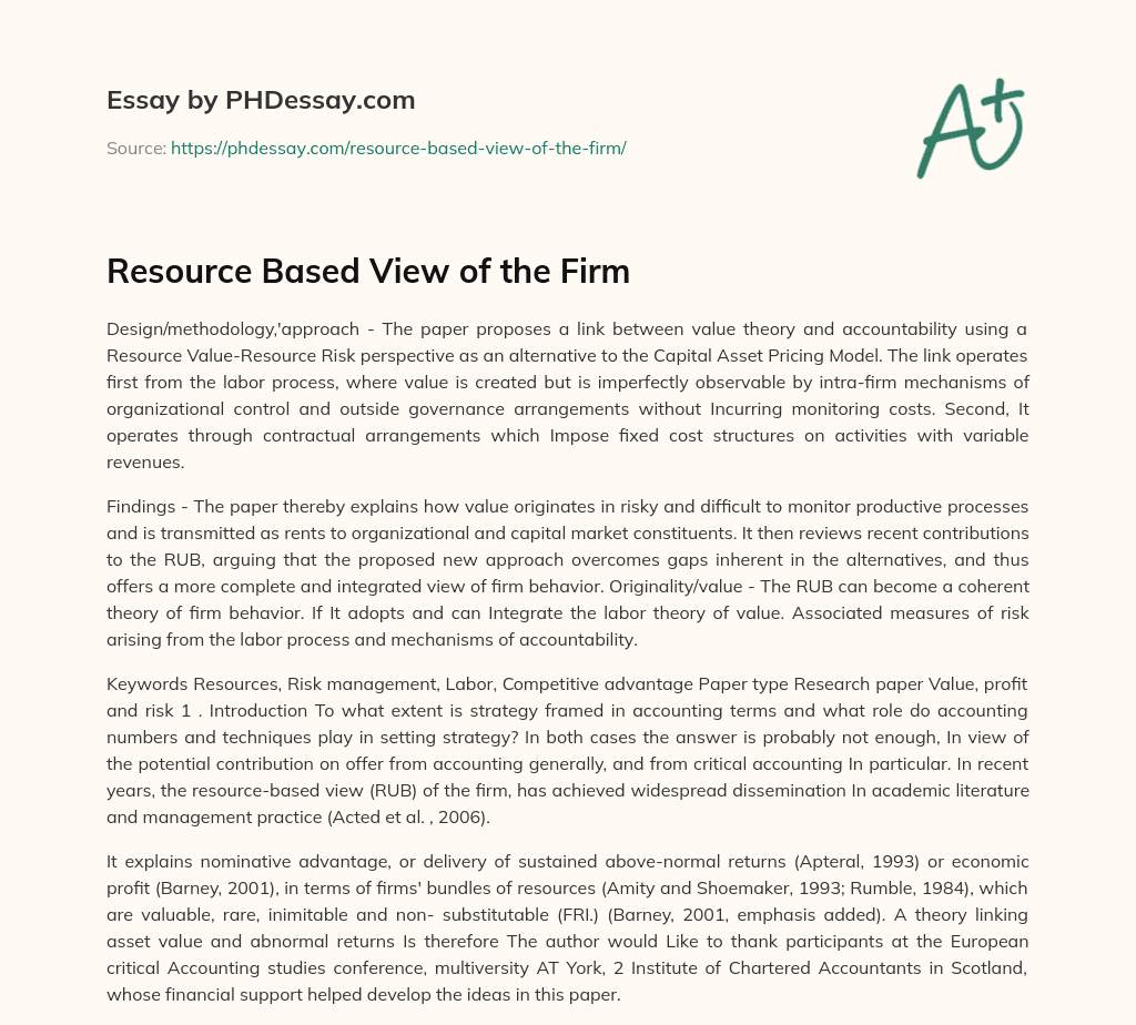 Resource Based View of the Firm (300 Words)