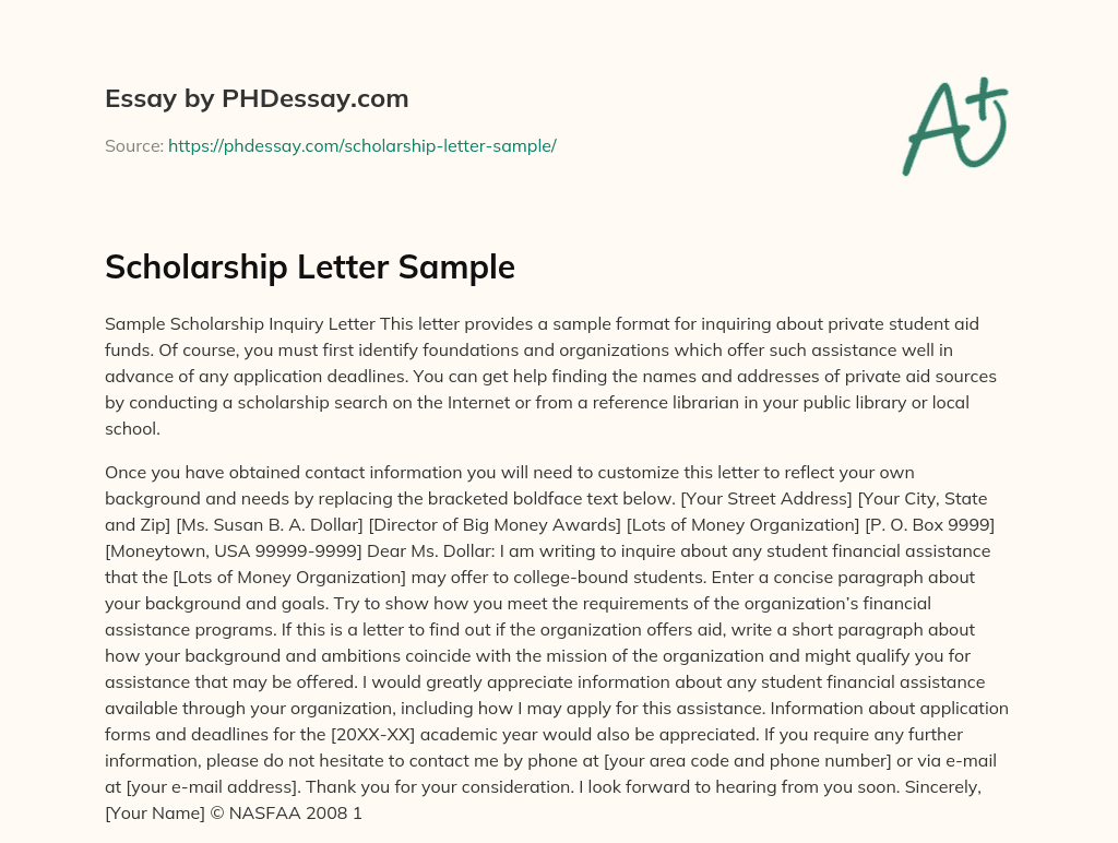 Scholarship Letter Sample Essay Example (300 Words)