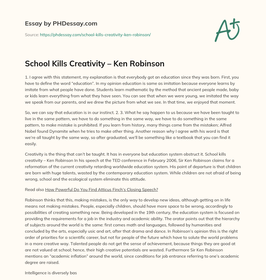 School Kills Creativity Ken Robinson Analysis And Definition Essay