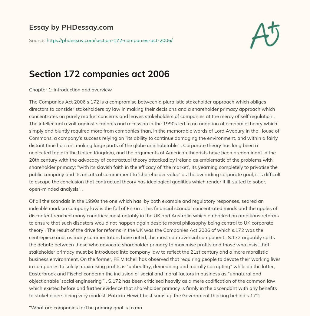 Section 172 Companies Act 2006 Essay Example