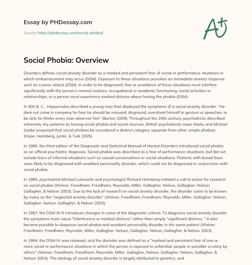 Social Phobia Overview Essay Example
