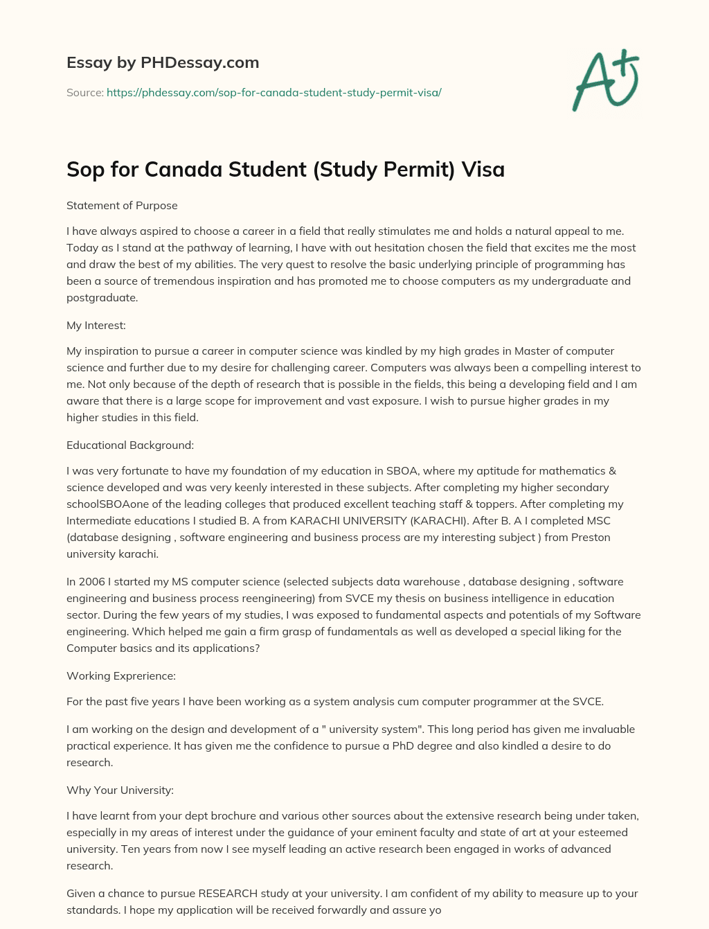 Sop For Canada Student (Study Permit) Visa Sample (500 Words