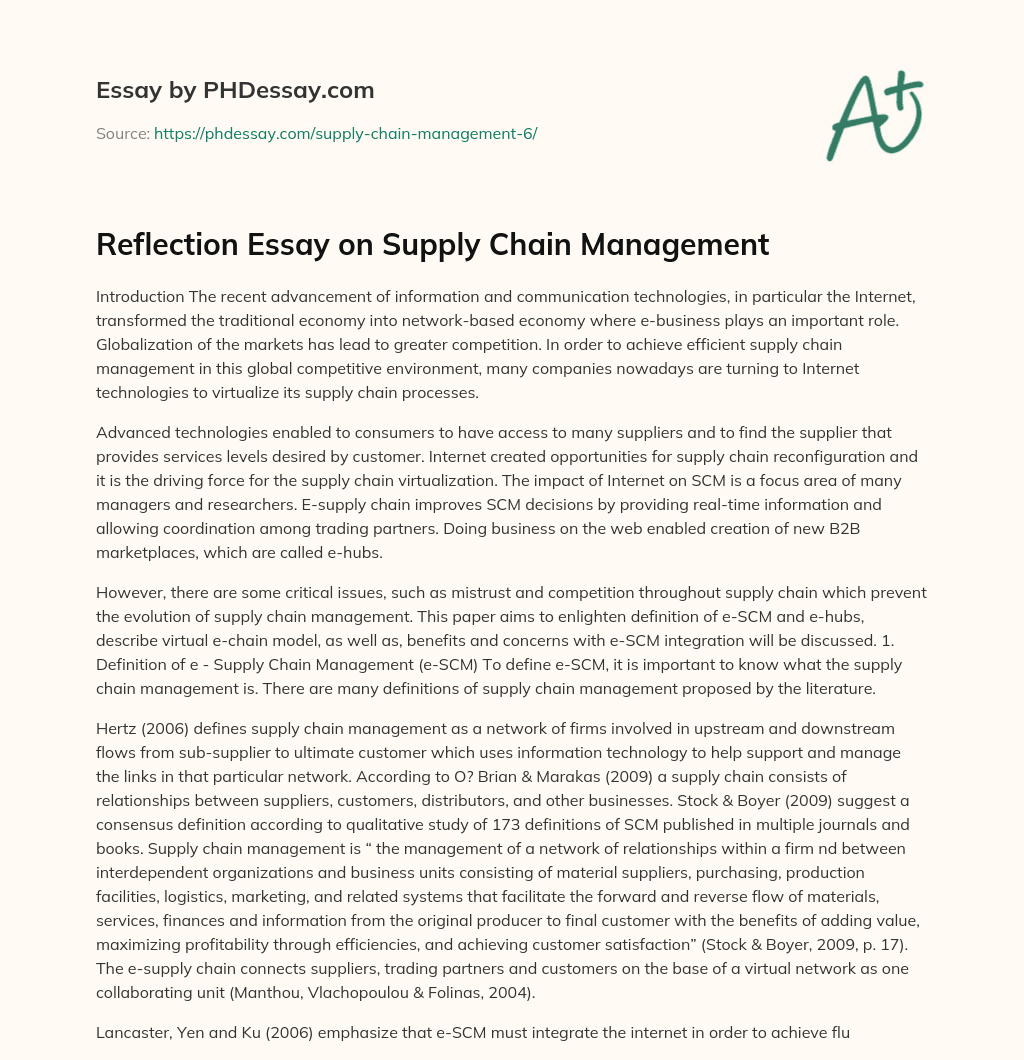 Reflection Essay On Supply Chain Management Reflective Example