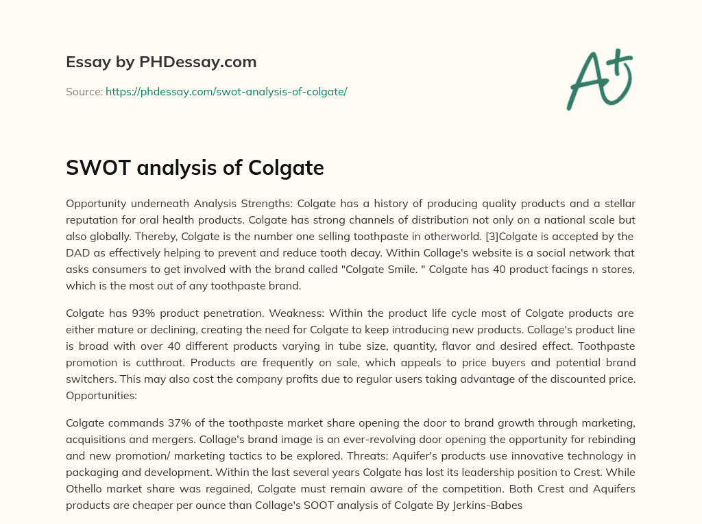 SWOT analysis of Colgate (300 Words)