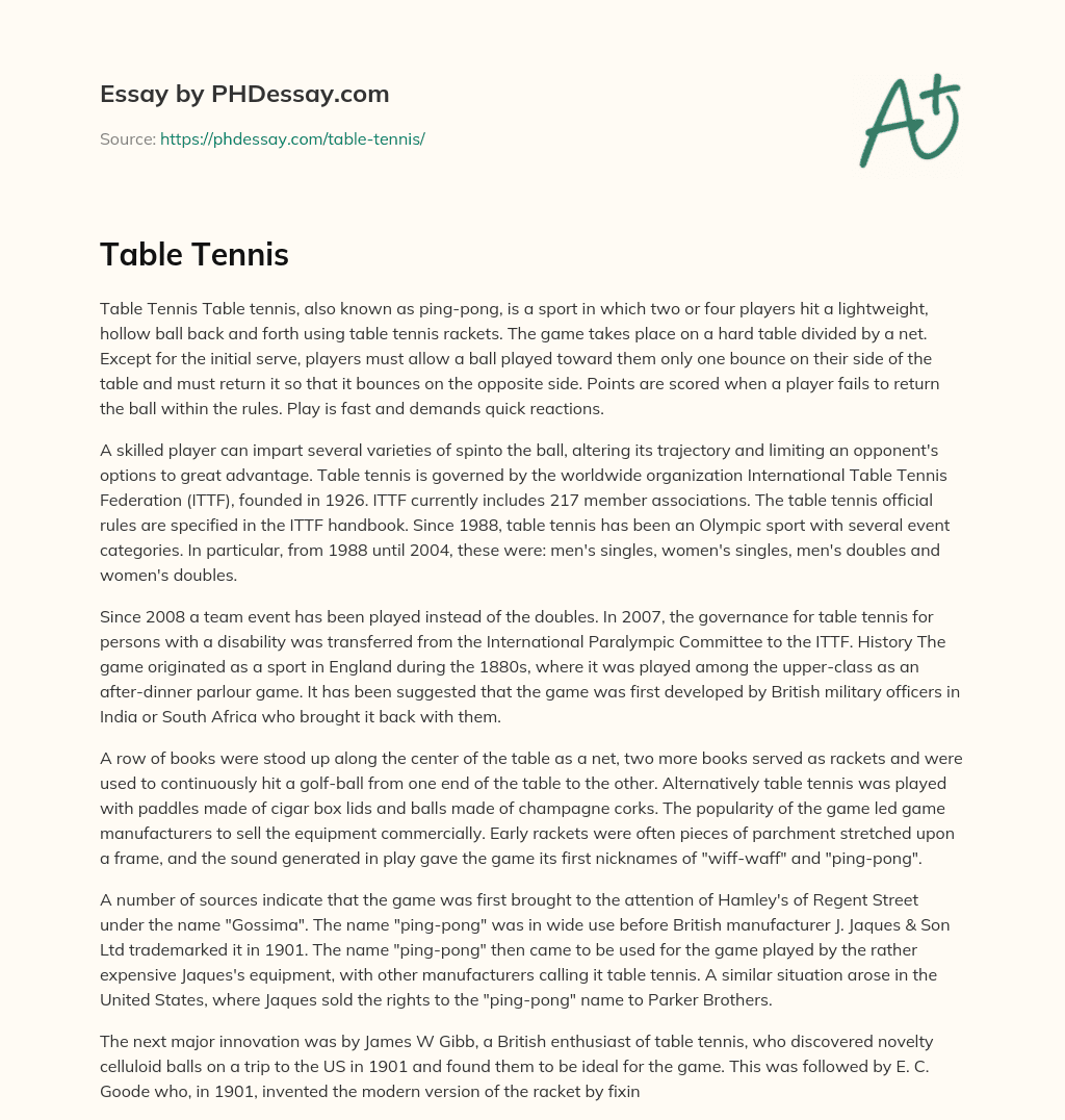 Table Tennis Essay Example