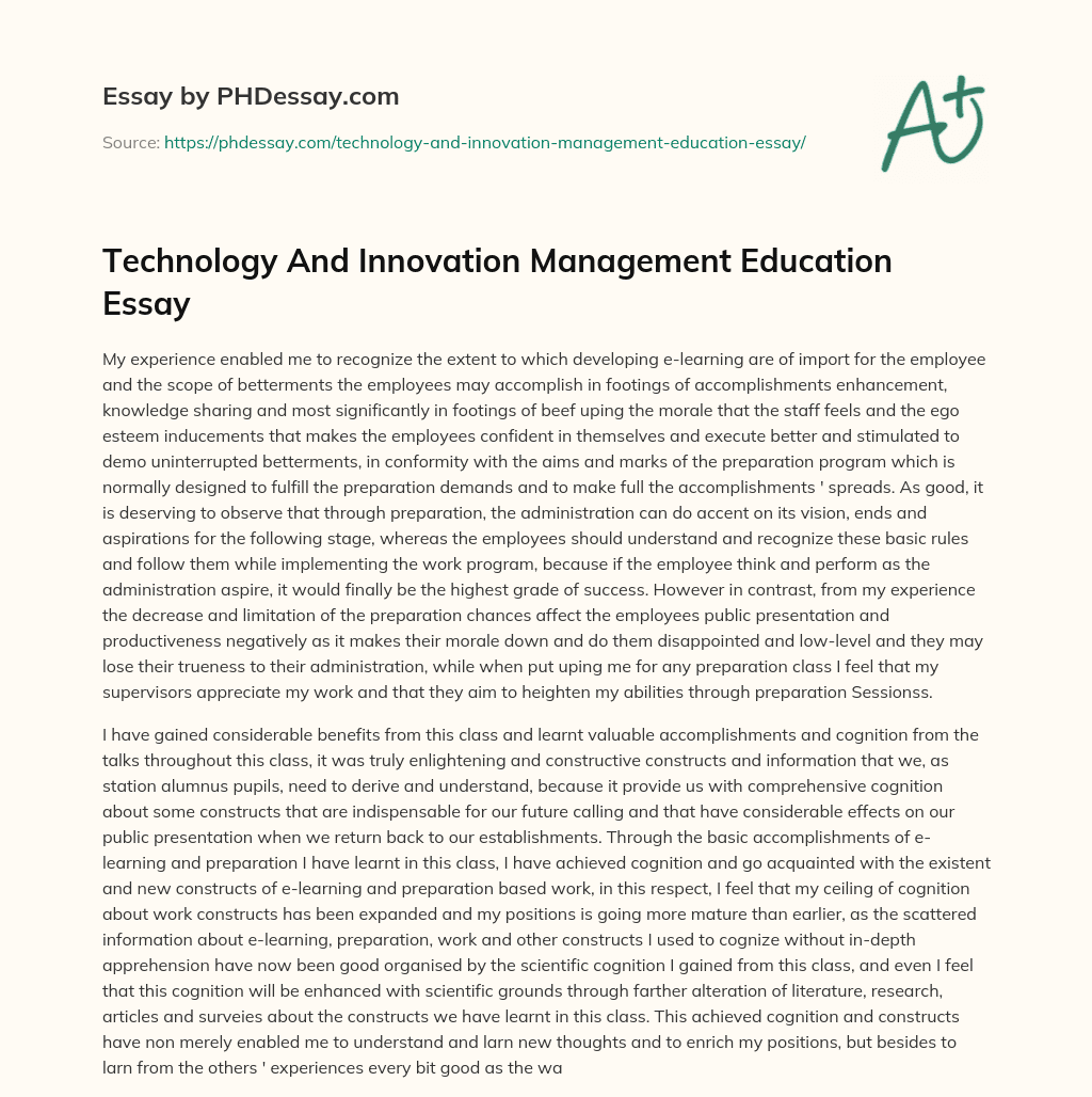 Technology And Innovation Management Education Essay