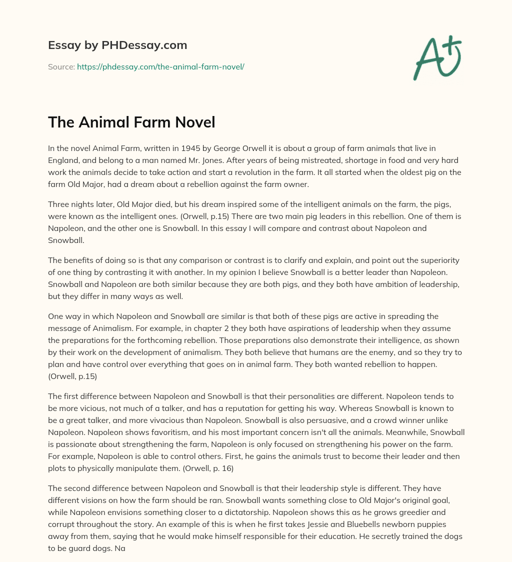 The Animal Farm Novel Literary Analysis Essay Example (600 Words)