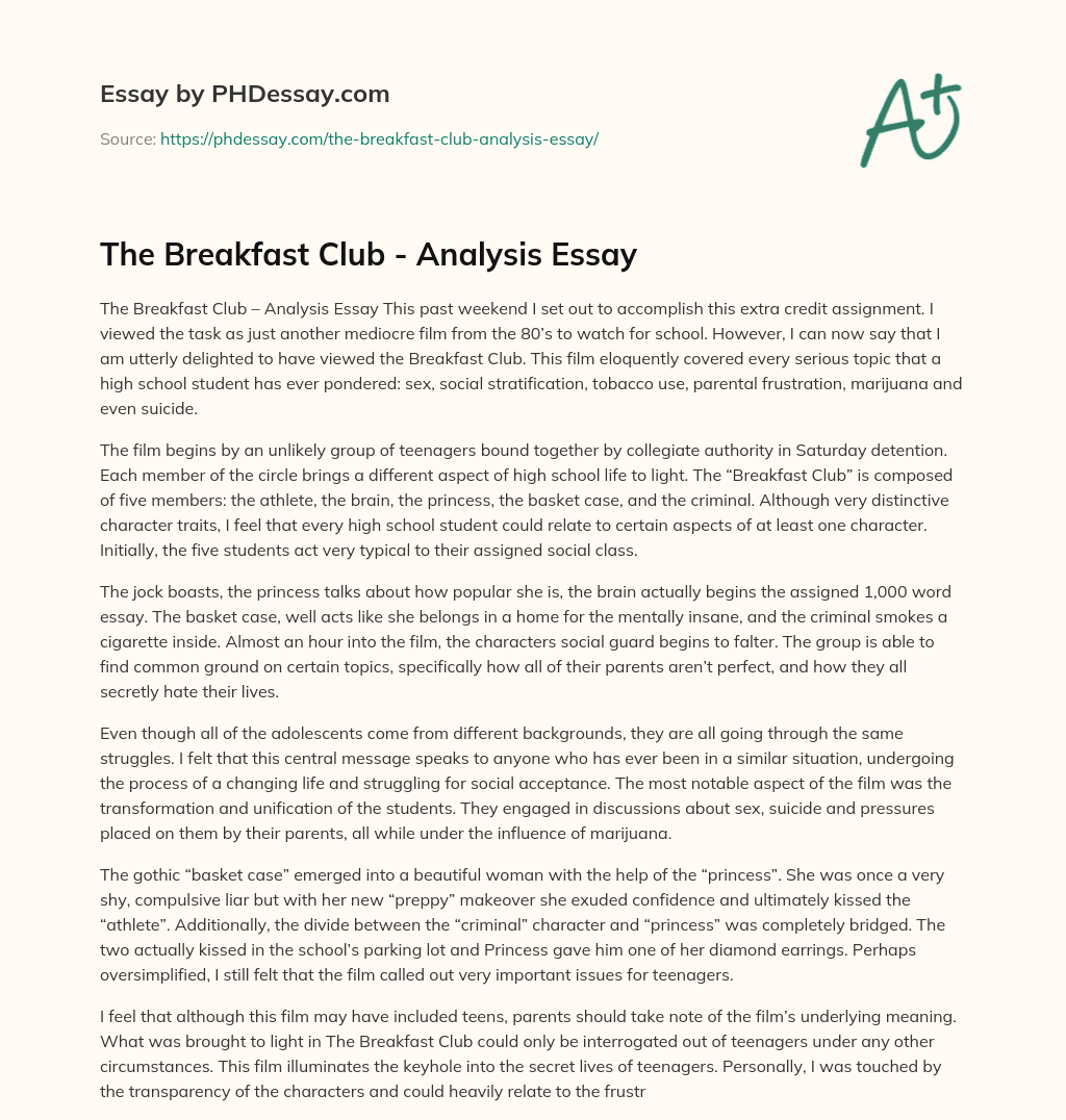 The Breakfast Club Analysis Essay (500 Words)